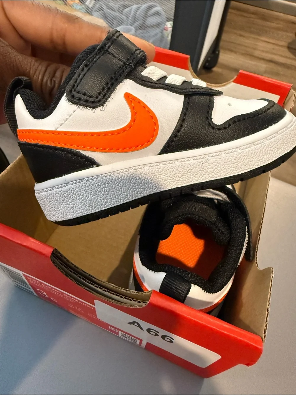 Nike Kids Black White Orange Velcro Low-Top Sneakers